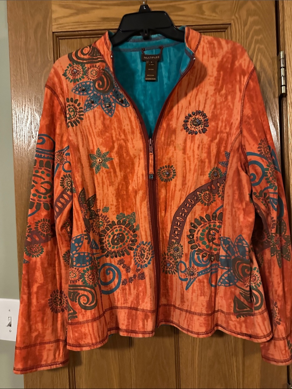 Multiples Orange Velvet Jacket with Blue Floral Motifs